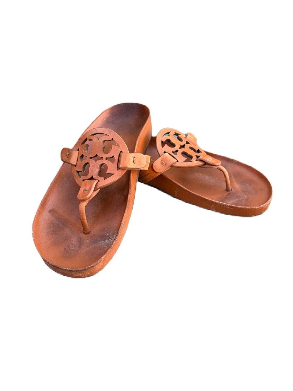 Tory Burch Miller Leather Logo Thong Sandals Cognac Brown Size 6.5